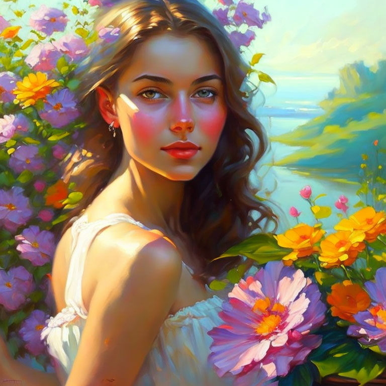 Young Woman Surrounded by Flowers in Sunlit Setting