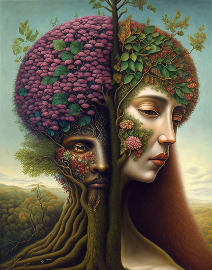 Surrealist painting of human with tree head and dual face symbolism