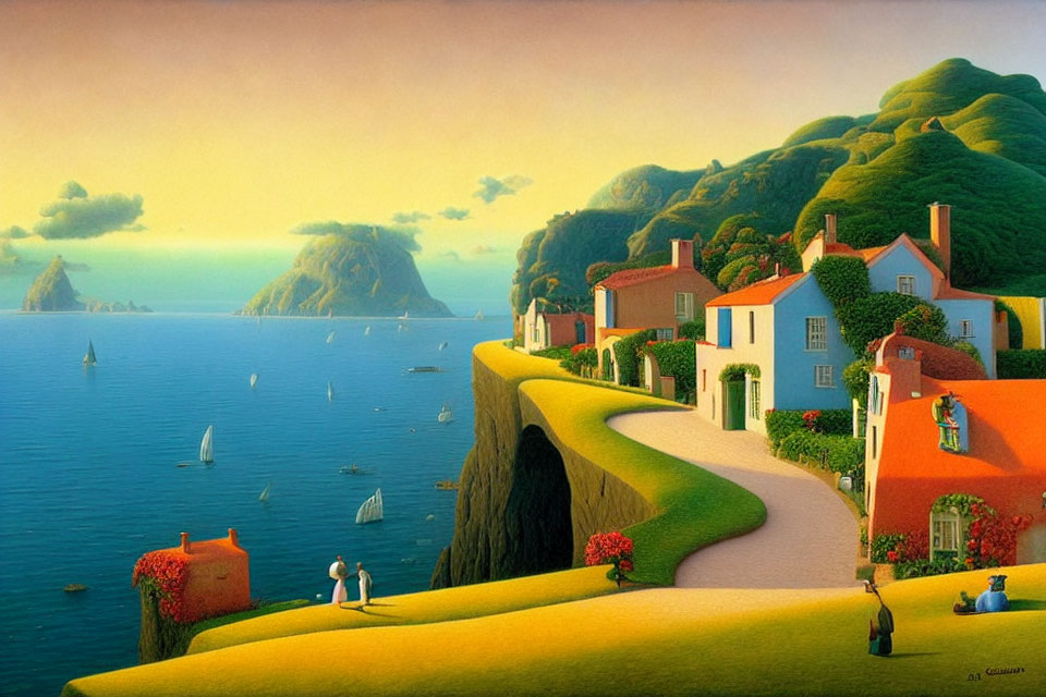 Colorful Coastal Village Painting with Curving Path and Sunset Sea