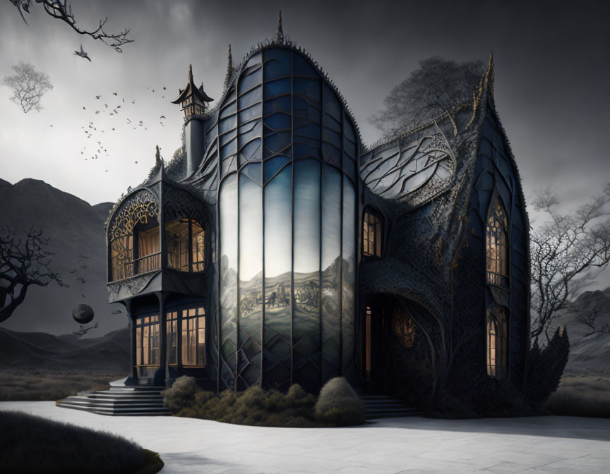 Eerie Gothic-style mansion in desolate landscape