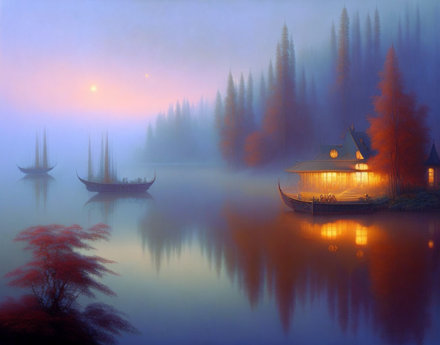 Tranquil lakeside dusk with glowing house, calm water, misty forests, vibrant autumn trees