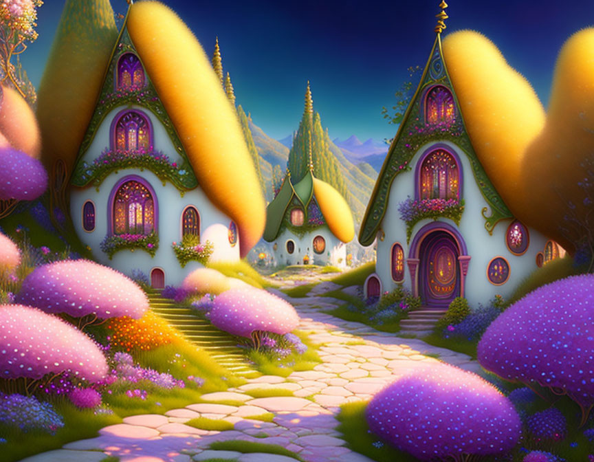 Whimsical fairy-tale village with vibrant flora and twinkling lights