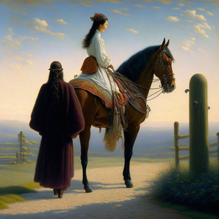 Historical woman on horseback with figure in cloak in serene landscape