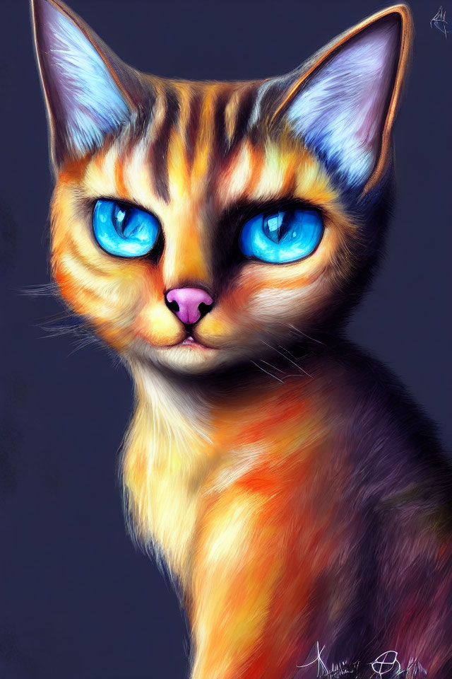 Vibrant digital art: Cat with blue eyes and colorful fur palette