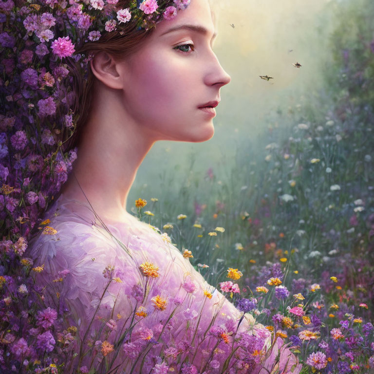 Woman with floral crown in lush meadow with bees and flowers