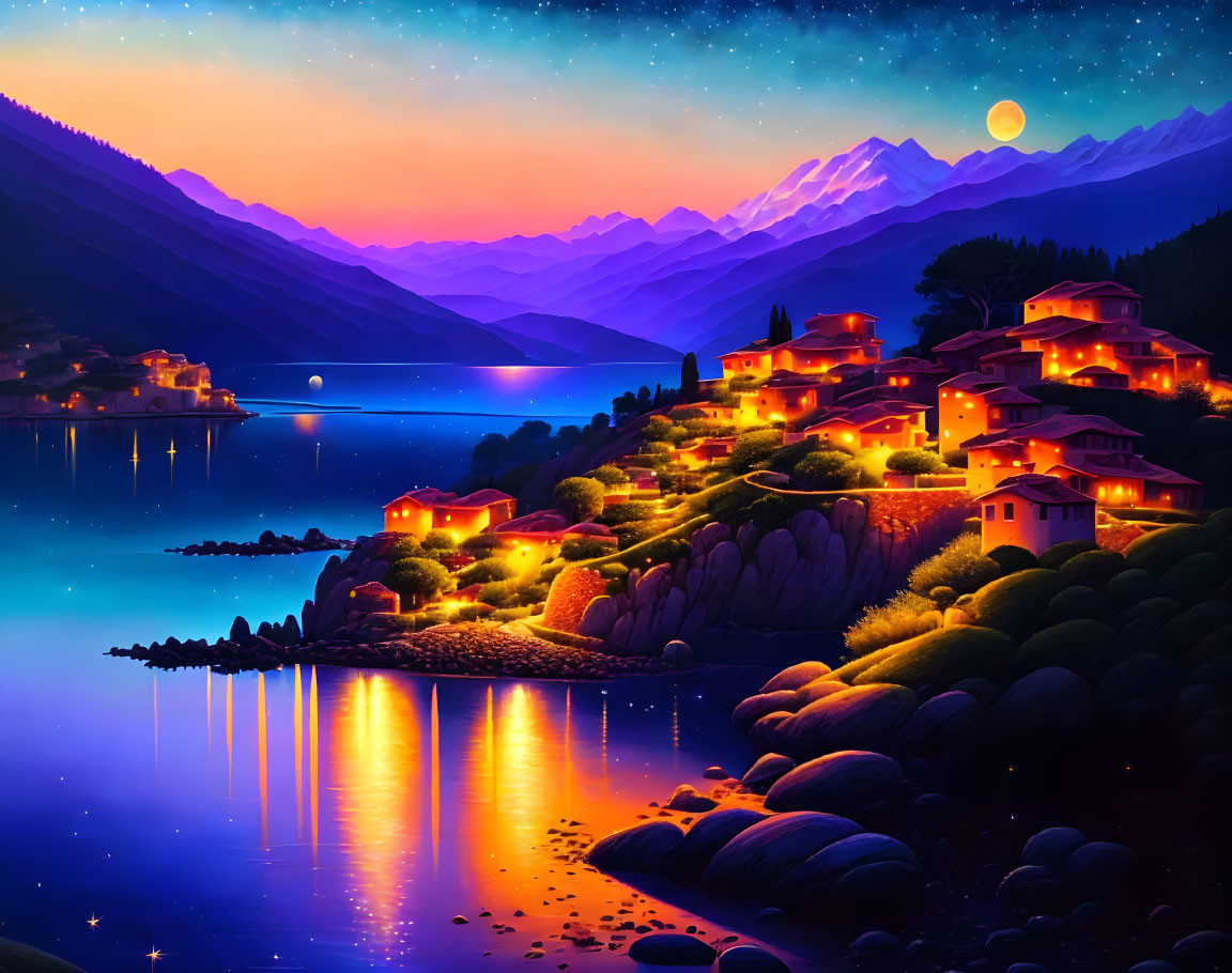 Colorful nighttime Mediterranean village by the sea with mountain backdrop