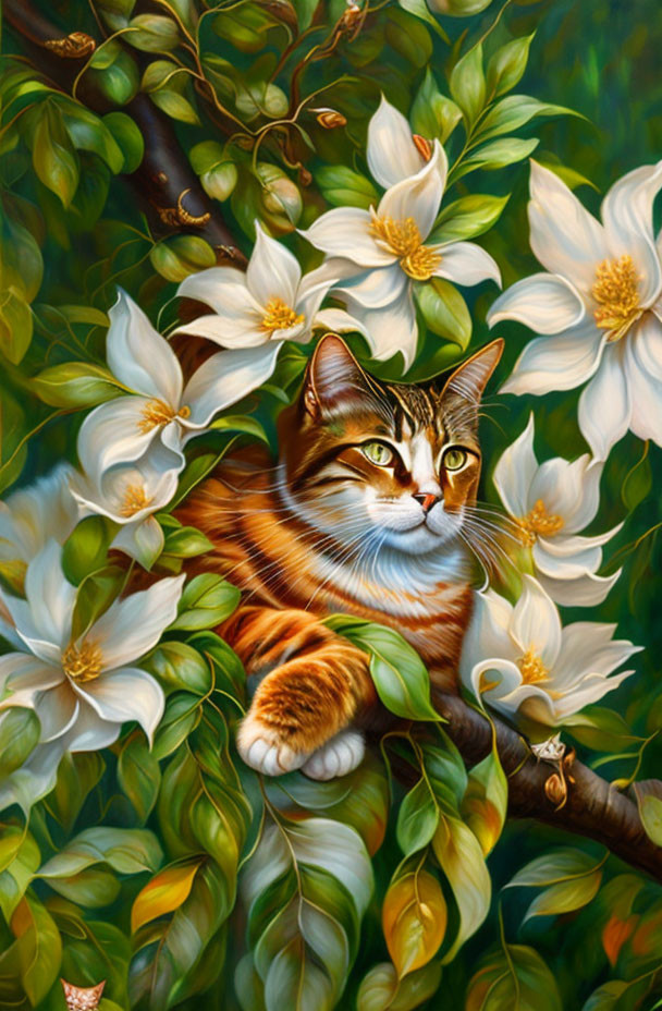 Realistic painting of orange and white cat in lush green foliage