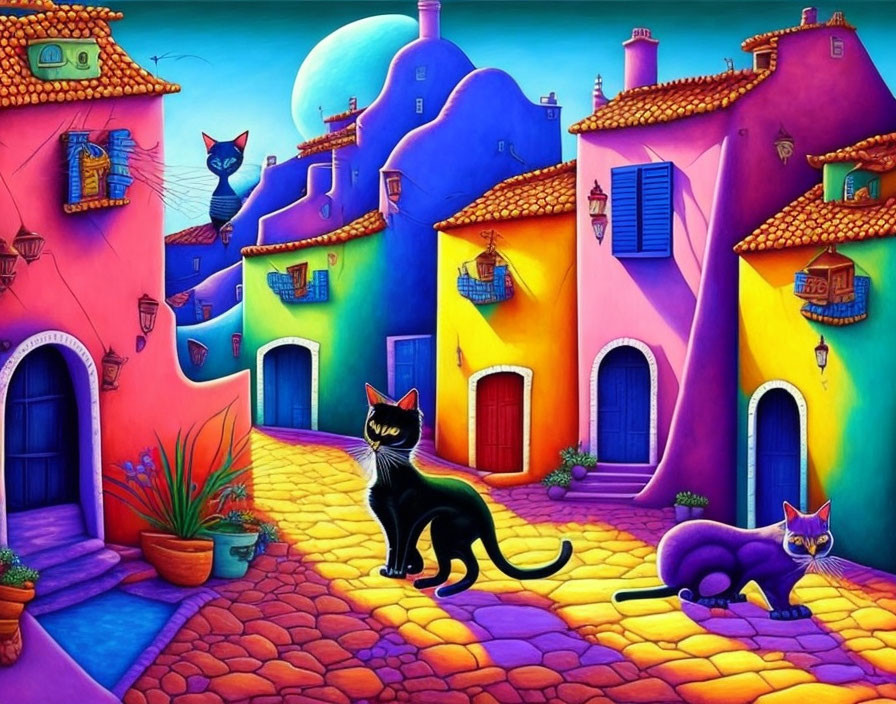 Colorful painting of whimsical village with oversized cats under a large moon