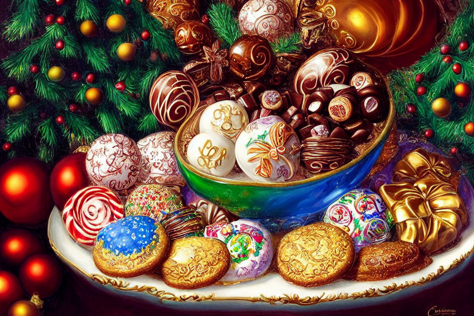 Festive chocolates and decorated cookies by a Christmas tree