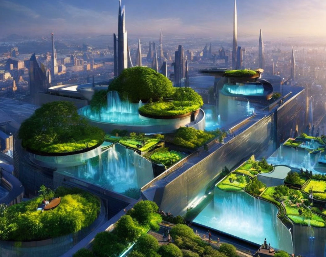 Futuristic cityscape with greenery, waterfalls, and innovative architecture