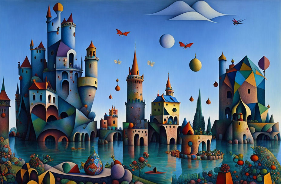 Colorful Fantastical Castle Painting with Geometric Shapes and Surreal Sky