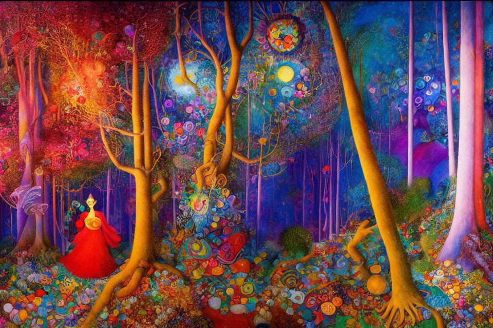 Colorful Trees and Red-Cloaked Figure in Whimsical Forest