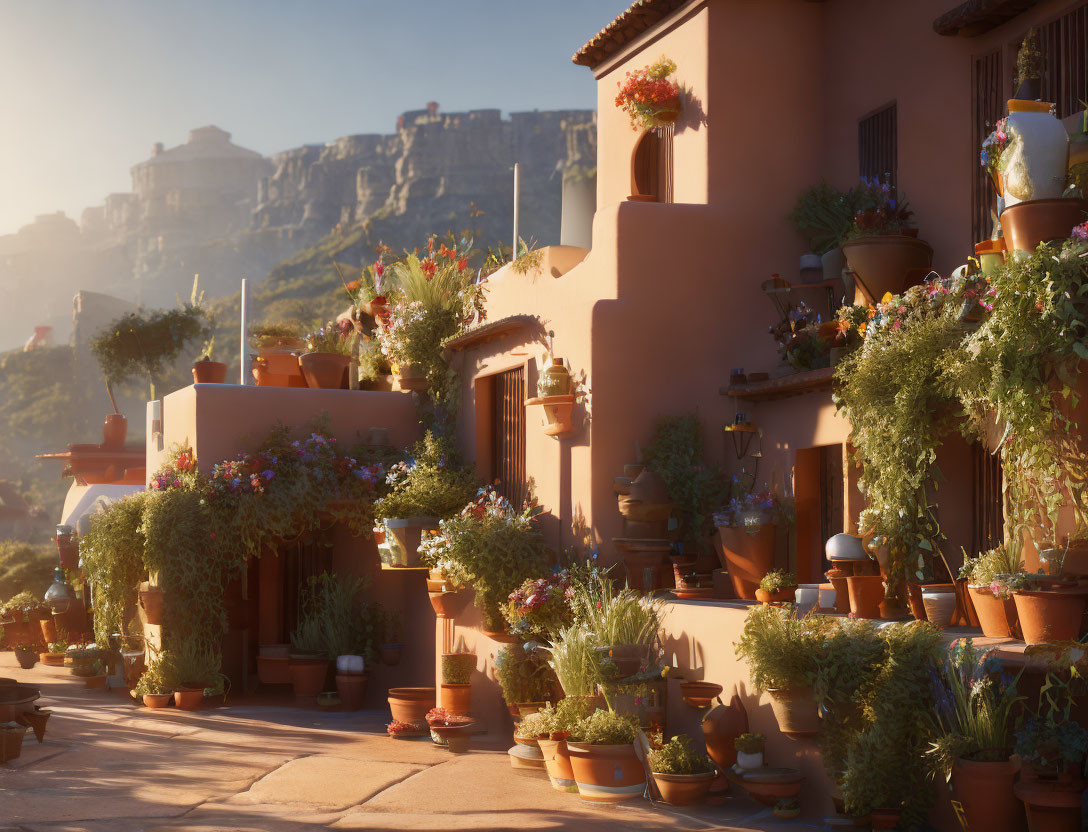 Sunlit terracotta buildings with green plants and flowers against hilly backdrop