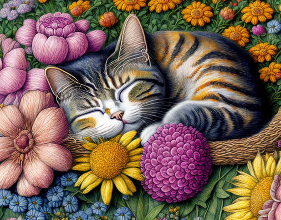 Tabby Cat Sleeping Among Colorful Flowers