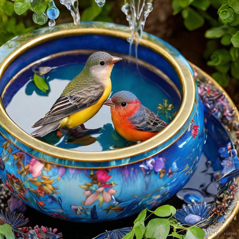 Colorful Birds Perched on Vibrant Ceramic Bird Bath in Green Foliage