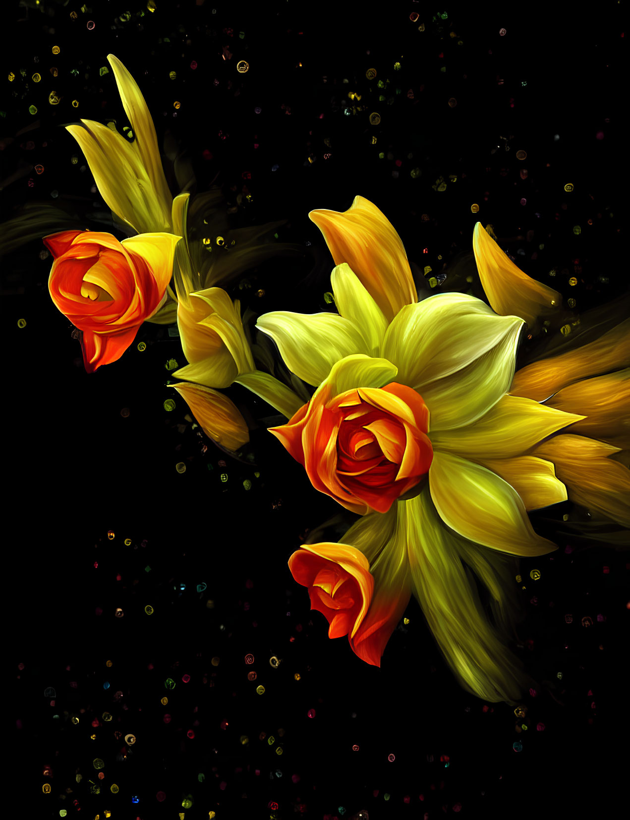 Bright yellow daffodils in digital painting on dark background