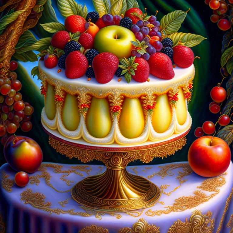 Colorful fruit-topped cake painting on ornate golden stand