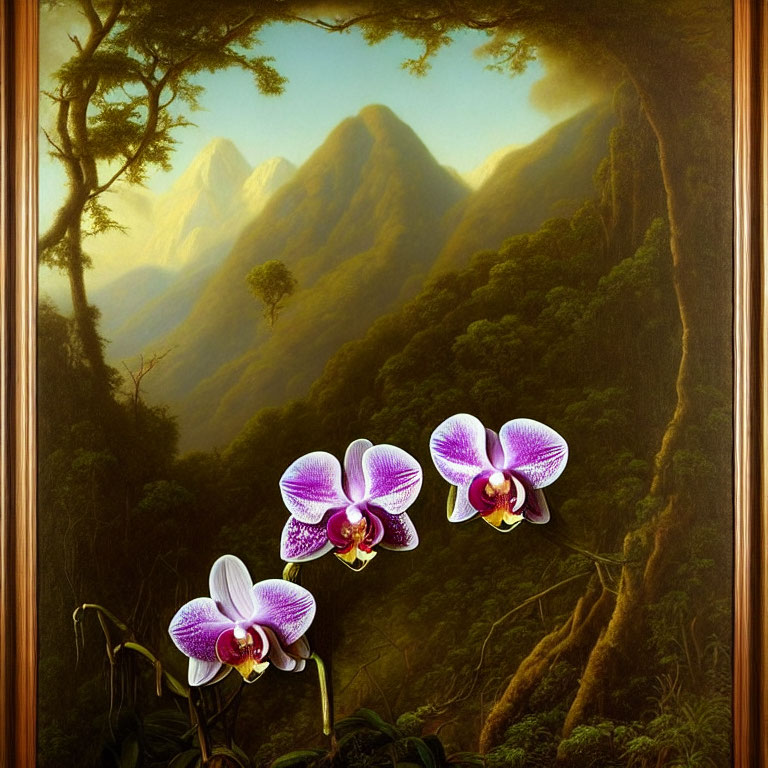 Framed painting of lush forest, mountains, and purple orchids