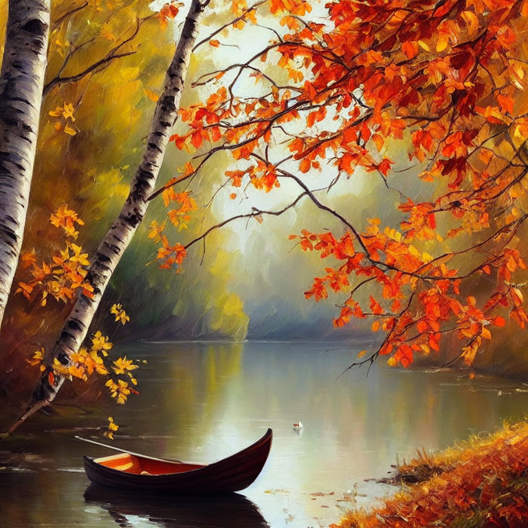 Tranquil autumn landscape with river, boat, orange leaves, and foliage