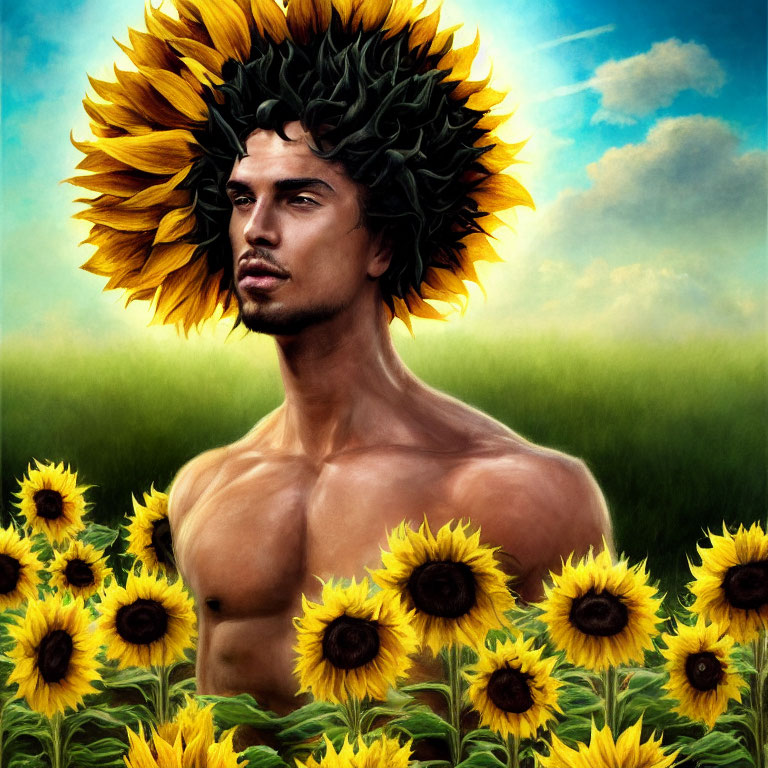 Sunflower Head Person in Field of Sunflowers and Blue Sky