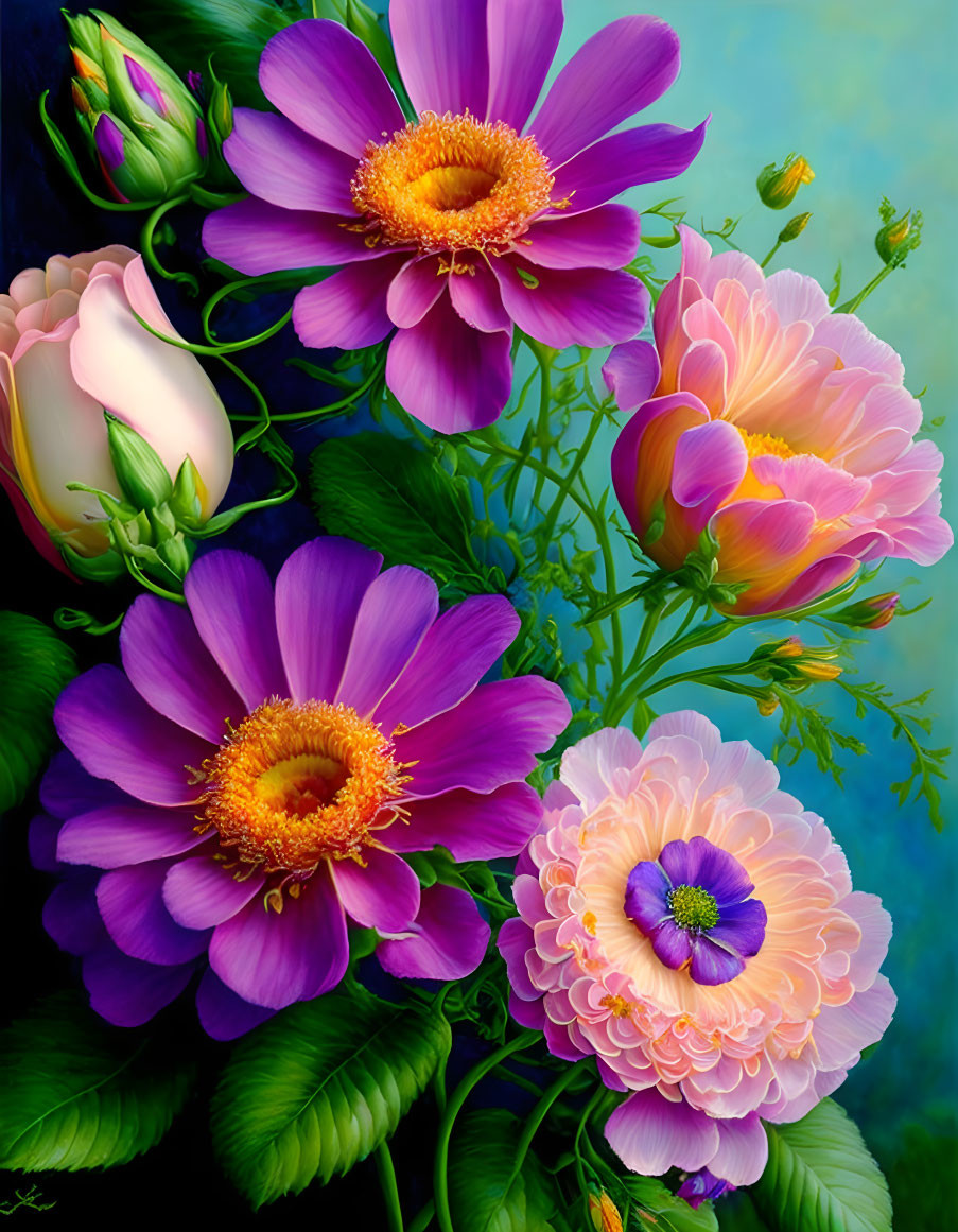 Colorful Still Life of Pink, Purple, and White Blooming Flowers