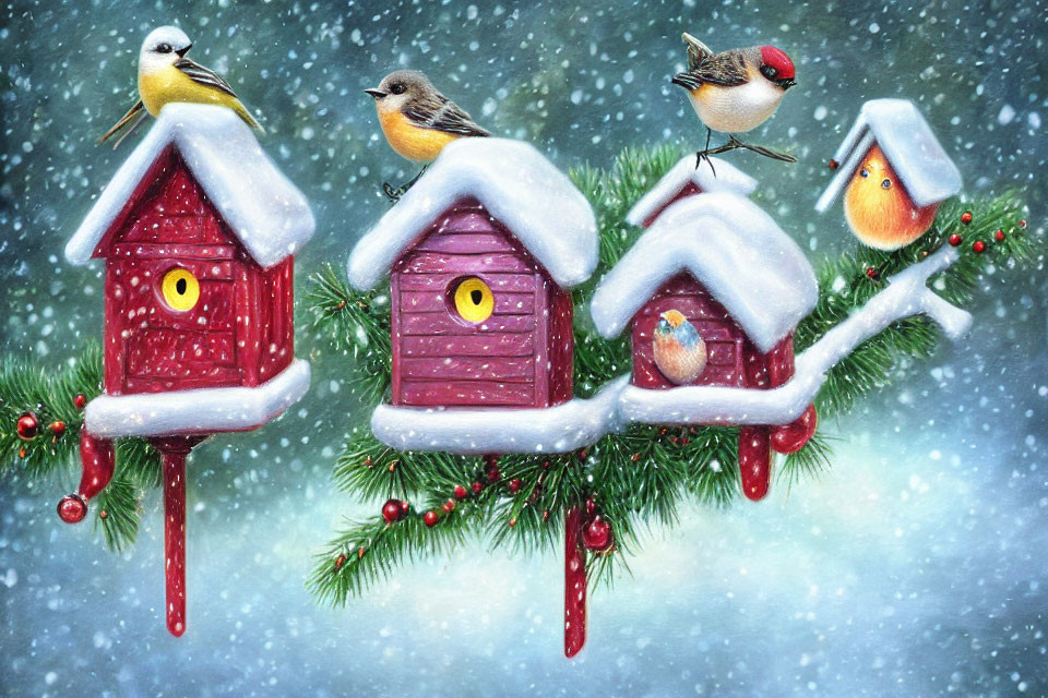 Colorful Snow-covered Birdhouses with Birds and Holiday Decorations