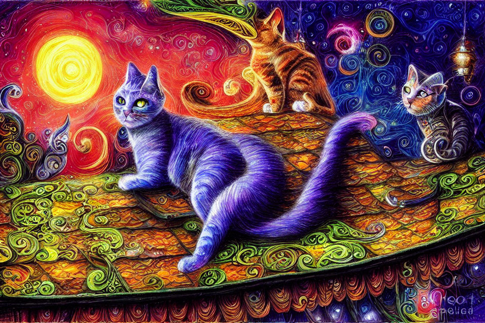 Vividly Colored Cats on Decorative Swirling Surface