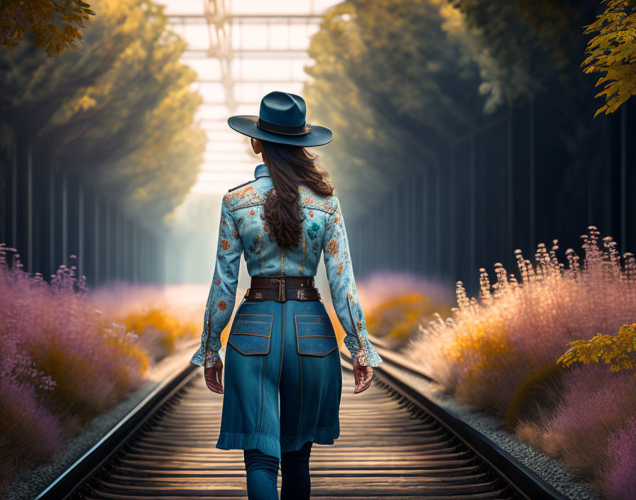 Person in Cowboy Hat Walking on Railway Track with Purple Flowers and Autumn Trees