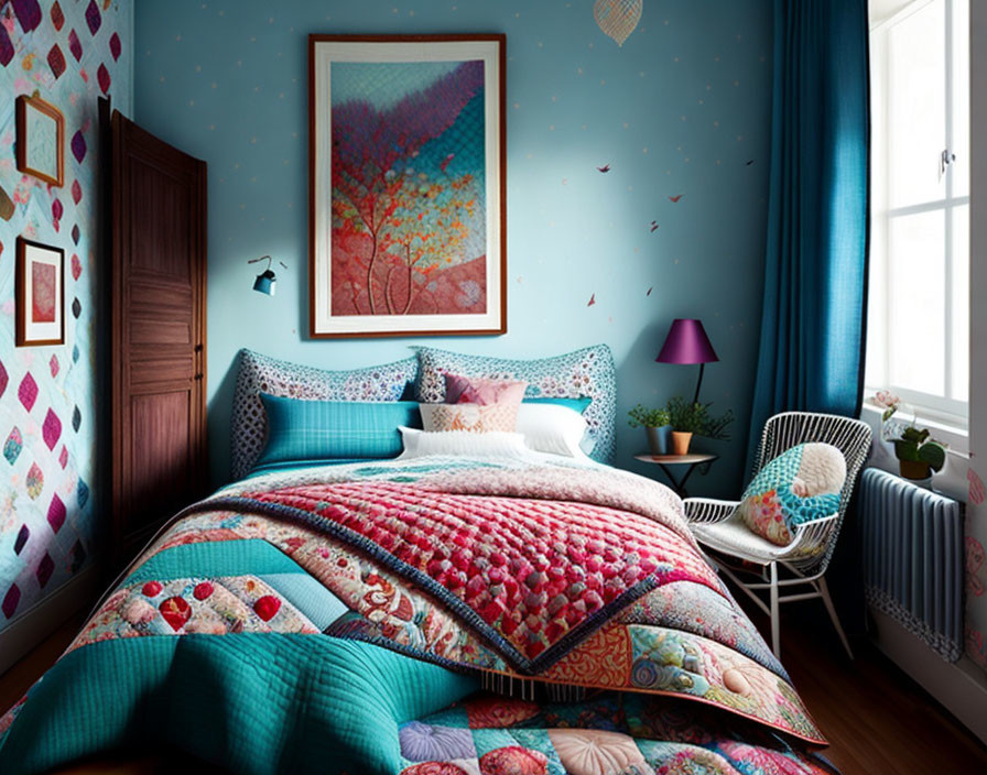 Turquoise Bedroom with Quilted Bedspread and Vibrant Artwork