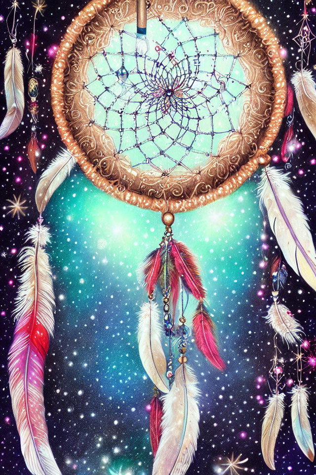 Detailed Dreamcatcher with Feathers and Beads on Starry Sky Background