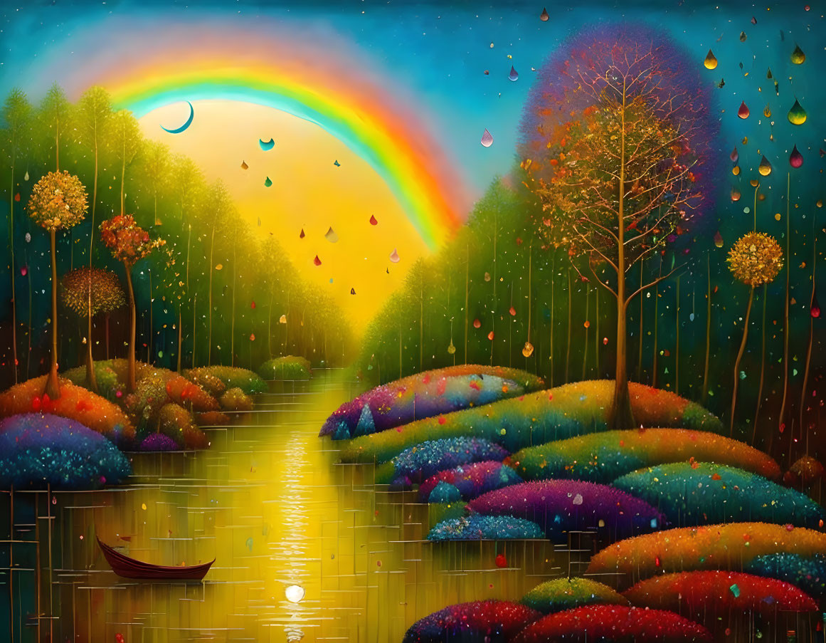 Colorful painting: Whimsical forest, rainbow, glowing pathway, luminous trees, boat,