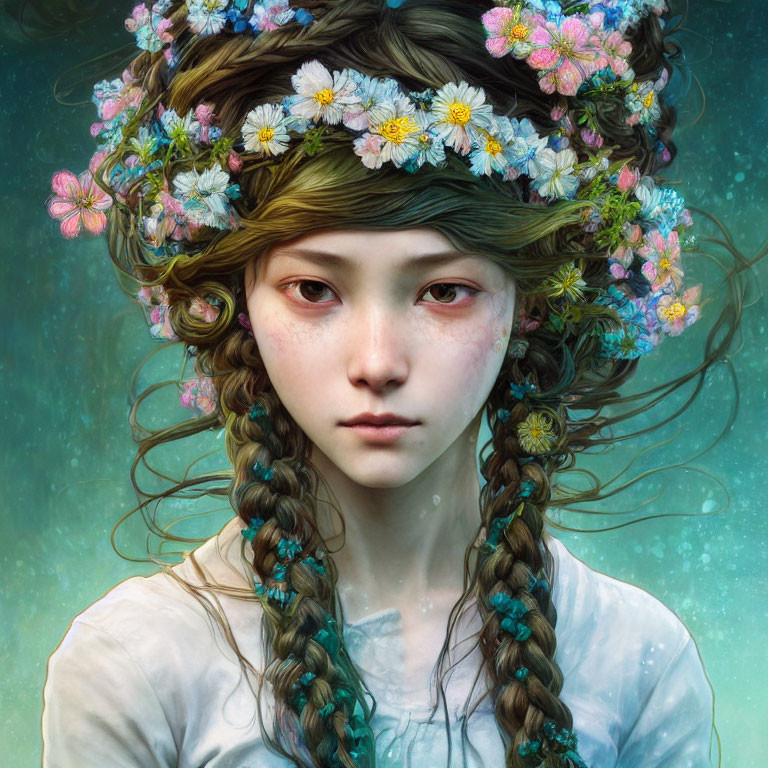 Detailed digital artwork of a girl with braided hair and flowers in a lifelike style