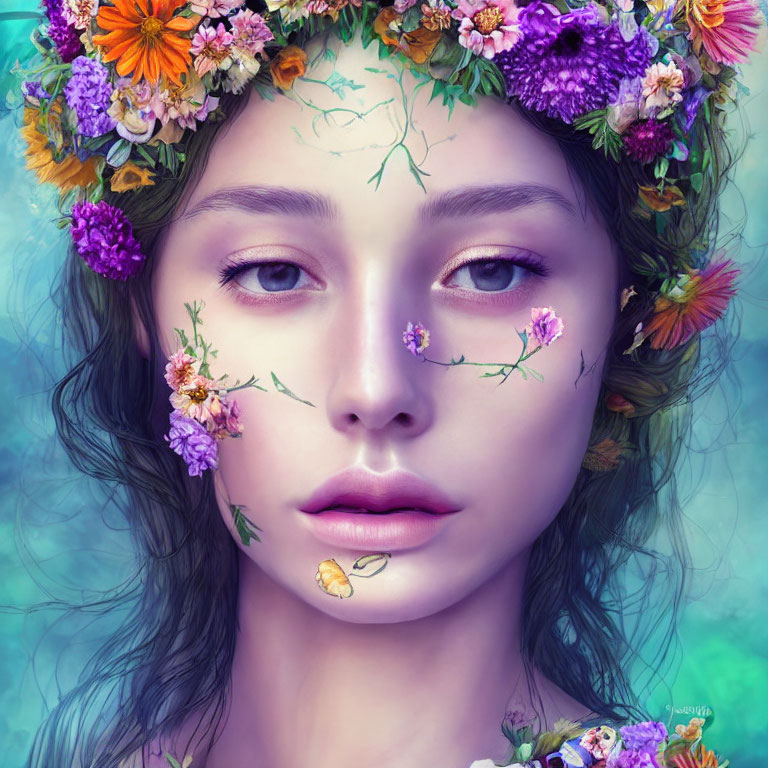 Digital artwork featuring woman with floral crown and violet eyes