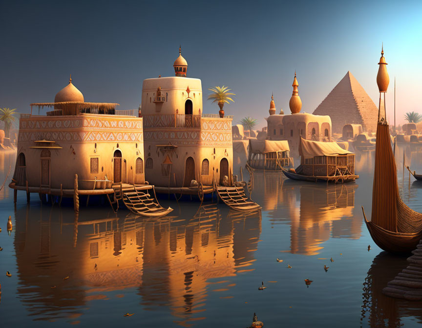 Traditional buildings, boat, pyramids, and birds by serene riverfront at dusk or dawn