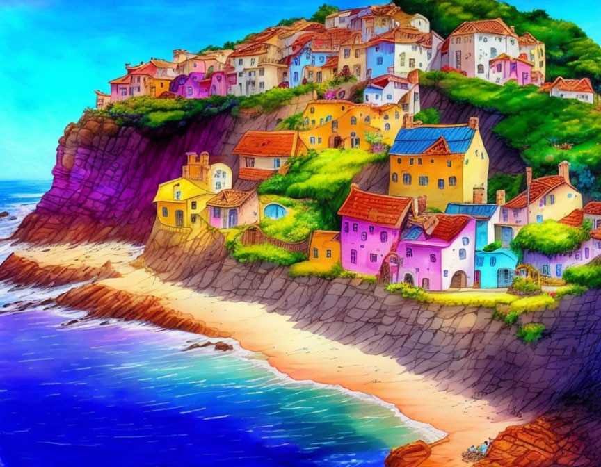 Colorful Houses on Cliff Overlooking Serene Beach