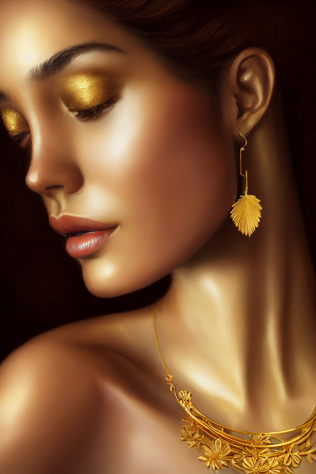 Portrait of Woman with Golden Eye Makeup and Jewelry Exuding Elegance