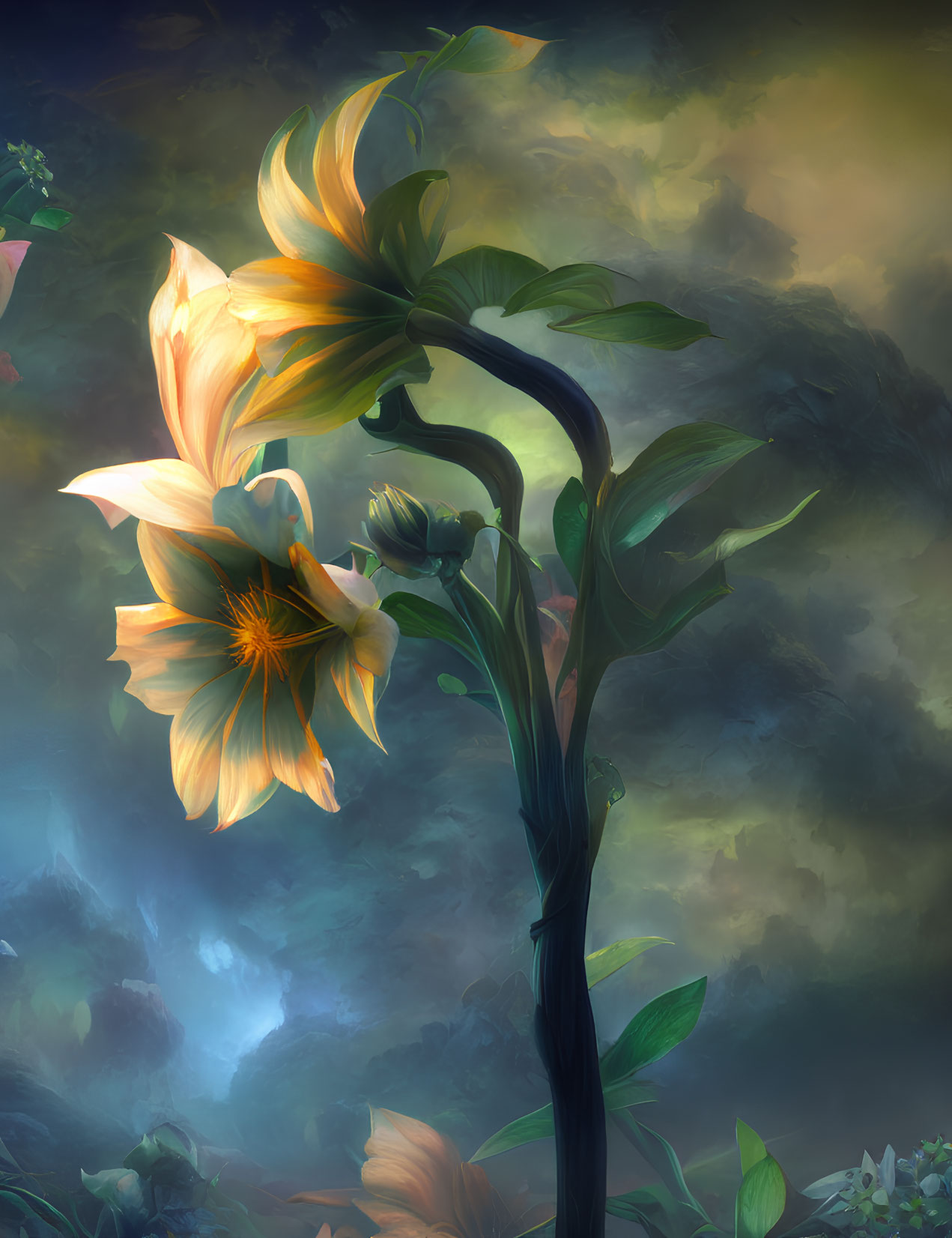 Surreal digital painting: Oversized flowers against mystical sky