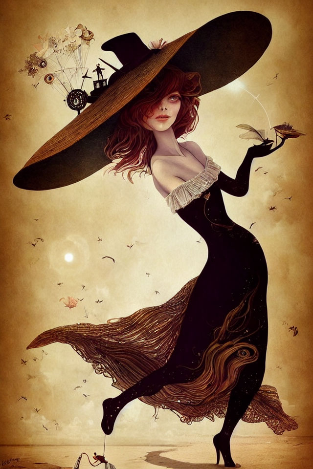 Illustration of woman in large hat with ship, sepia backdrop