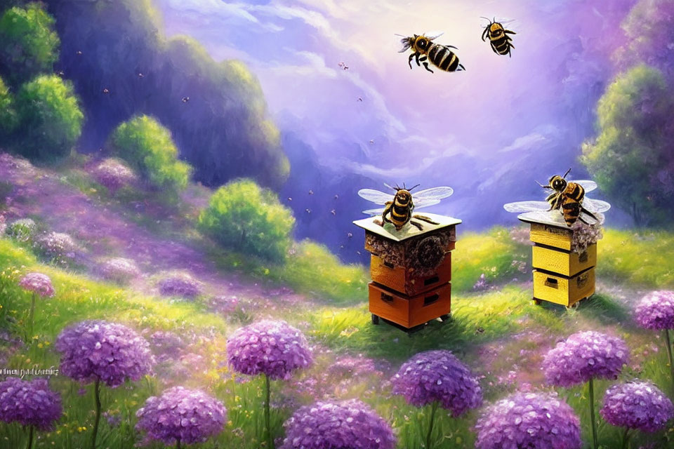 Colorful beehives in vibrant meadow with flying bees