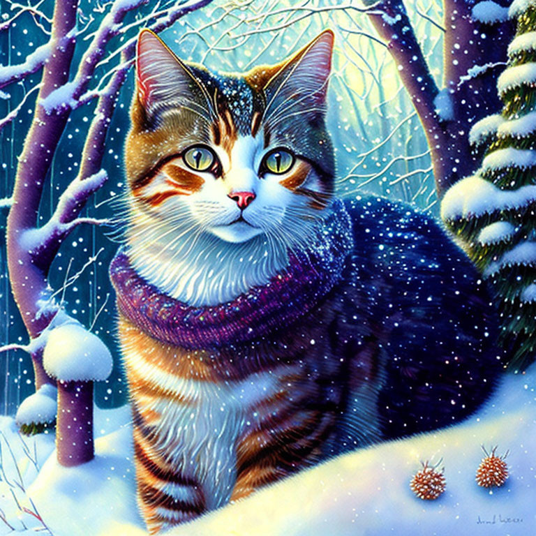 Tabby cat in purple scarf in snowy landscape with pinecones