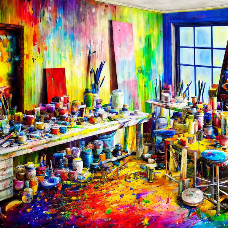 Colorful artist's studio with paint splatters and scattered supplies