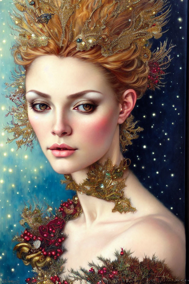 Regal woman portrait with golden crown and starry backdrop