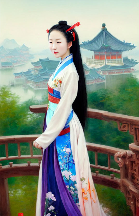 Traditional Asian Attire Woman on Bridge with Historical Buildings