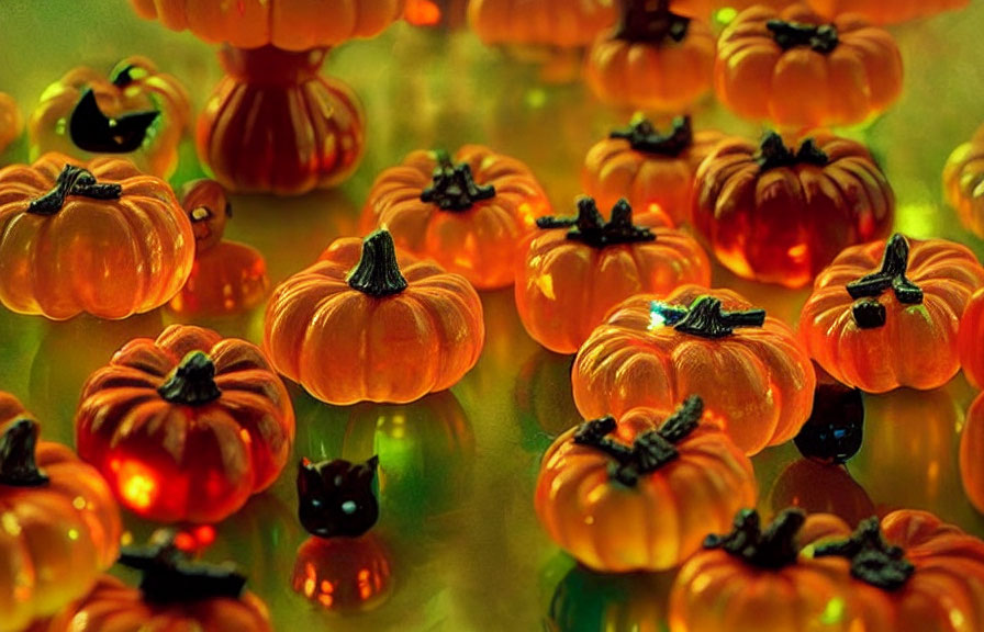 Vibrant Glowing Pumpkin-Shaped Candies on Reflective Surface