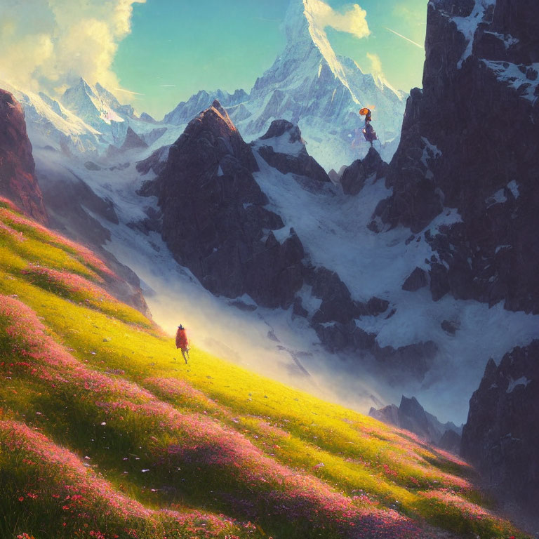 Fantastical landscape with mythical creature flying above snowy mountains