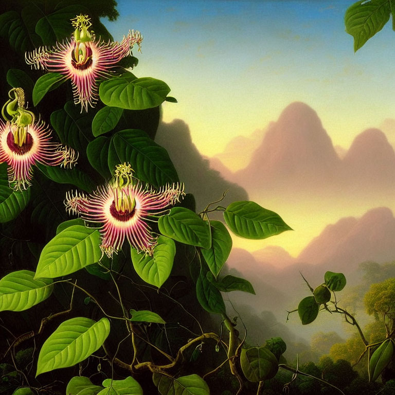 Vibrant passion flowers in serene landscape with misty mountains & warm sunset sky