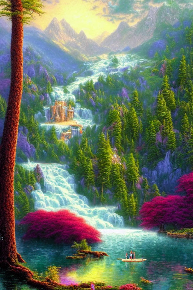 Scenic landscape with waterfall, greenery, boat, and mountains