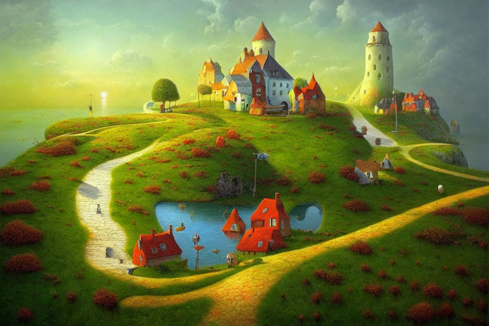 Fantasy landscape with winding path, green hills, colorful houses, lighthouse, and castle.