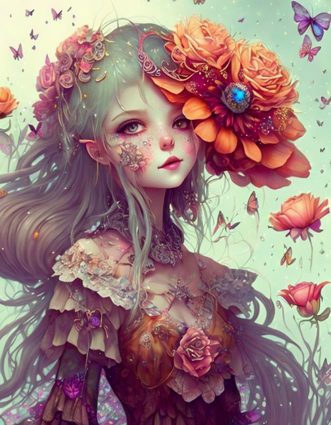 Whimsical girl with flowers, butterflies, pastel backdrop