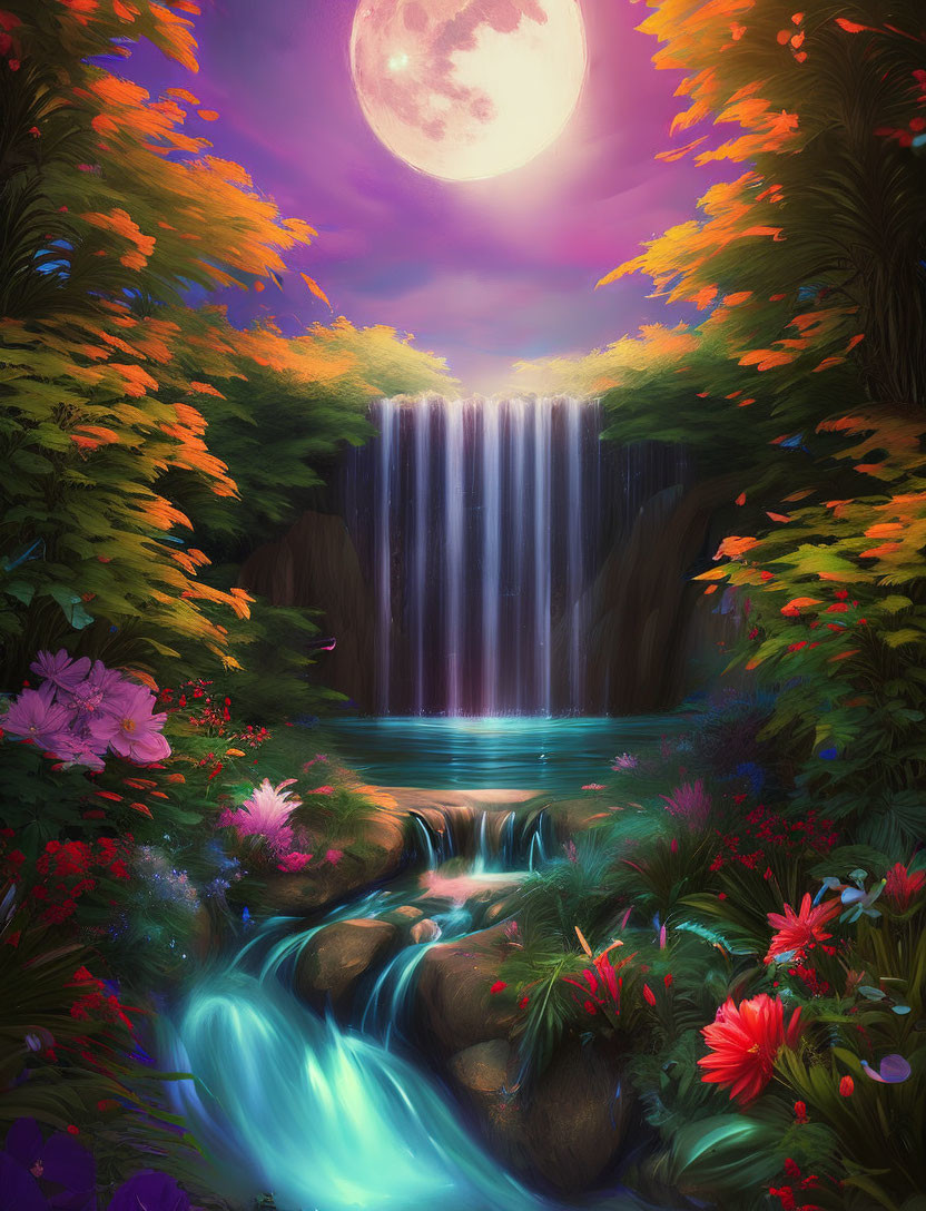 Luminous waterfall in vibrant fantasy landscape